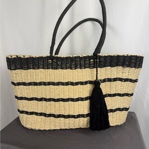 Woven Straw Tote Bag Black Stripe Large Beach Market Coastal Summer Bag